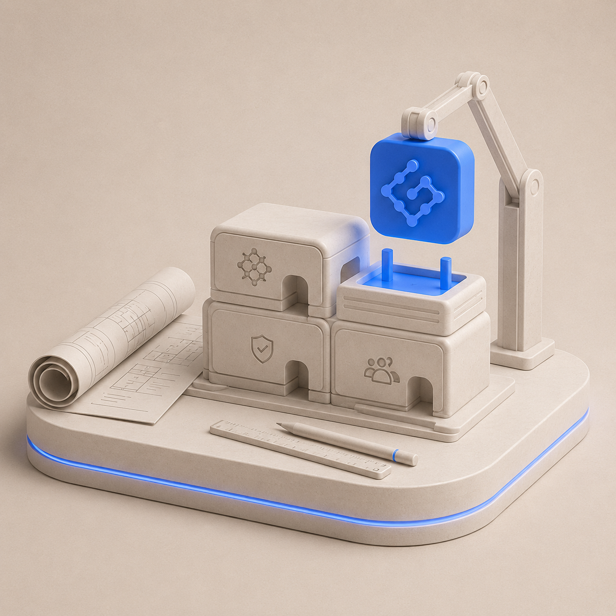 TrustGrid careers illustration — workstation with product, engineering and team building blocks
