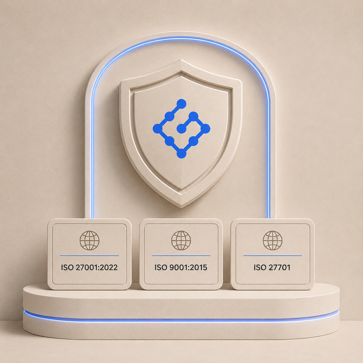 TrustGrid security shield with ISO 27001:2022, ISO 9001:2015 and ISO 27701 certification badges