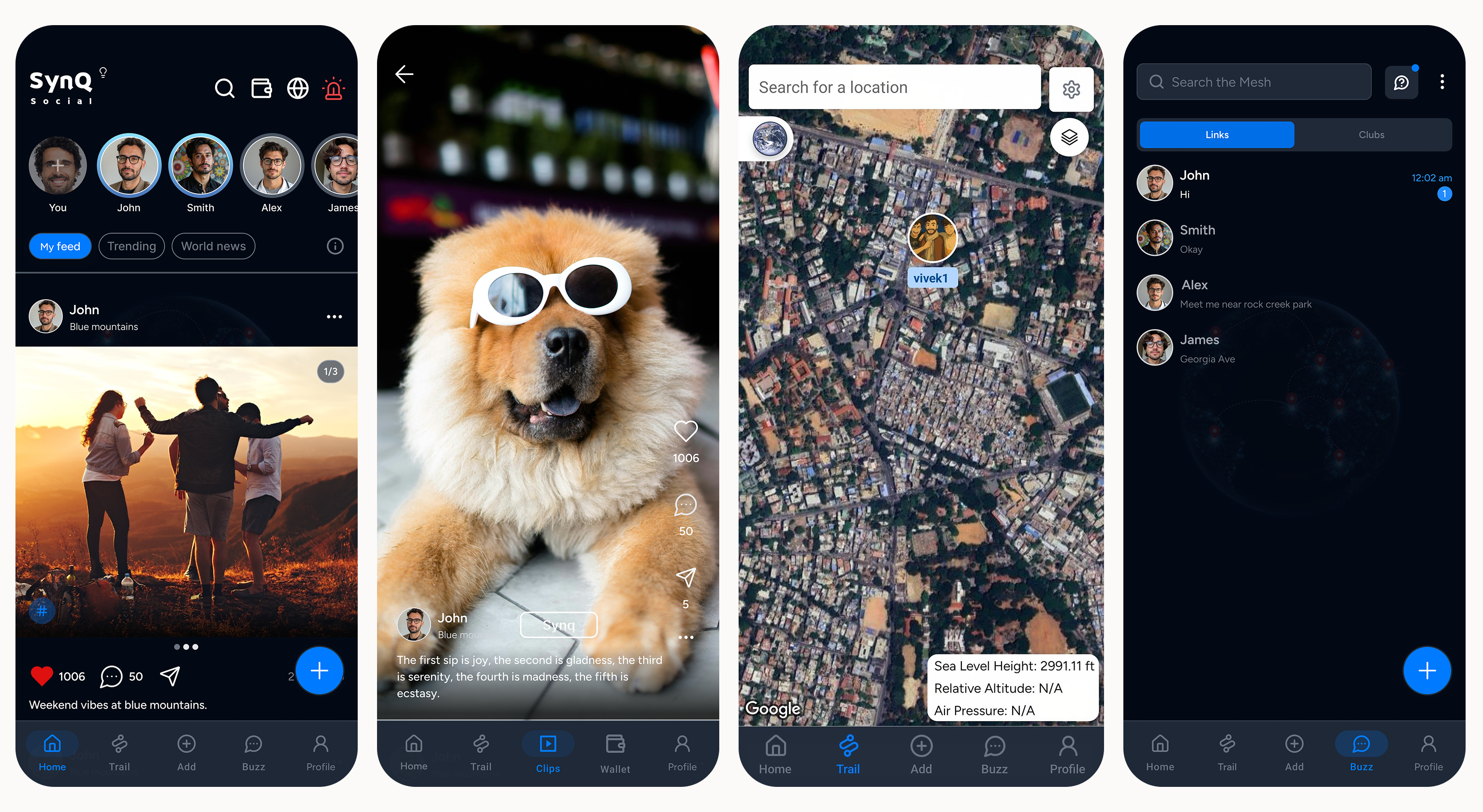 SynQ Social mobile app feed, clips, mesh map and chat